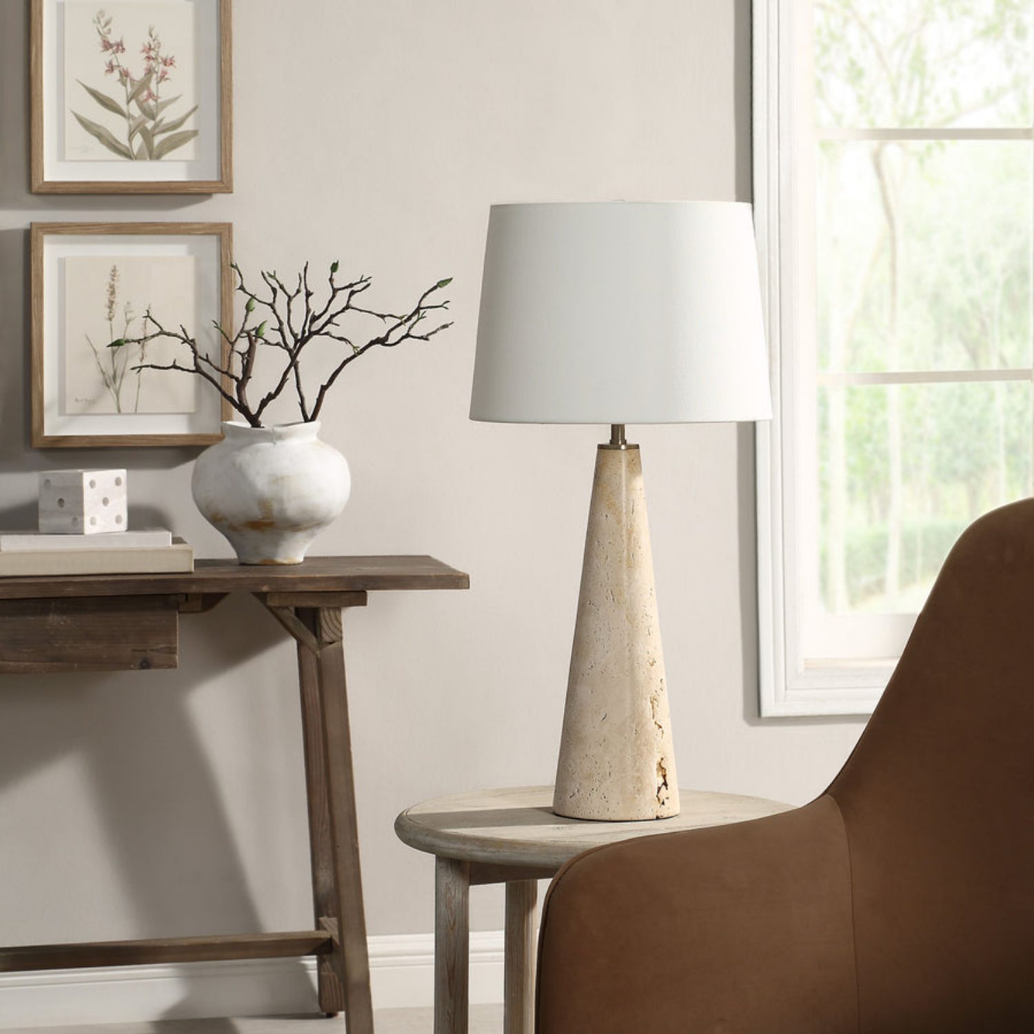 Luna Travertine Table Lamp- Travertine/Natural - Image 2